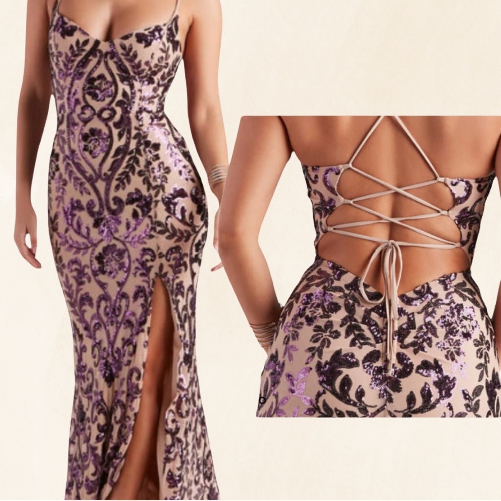 NEW Windsor Nude/Plum Sequin Gown with Slit and Sweetheart Neckline- Size Large